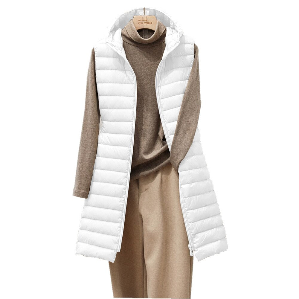 Beaumont Bodywarmer | Chic long gilet with hood for women