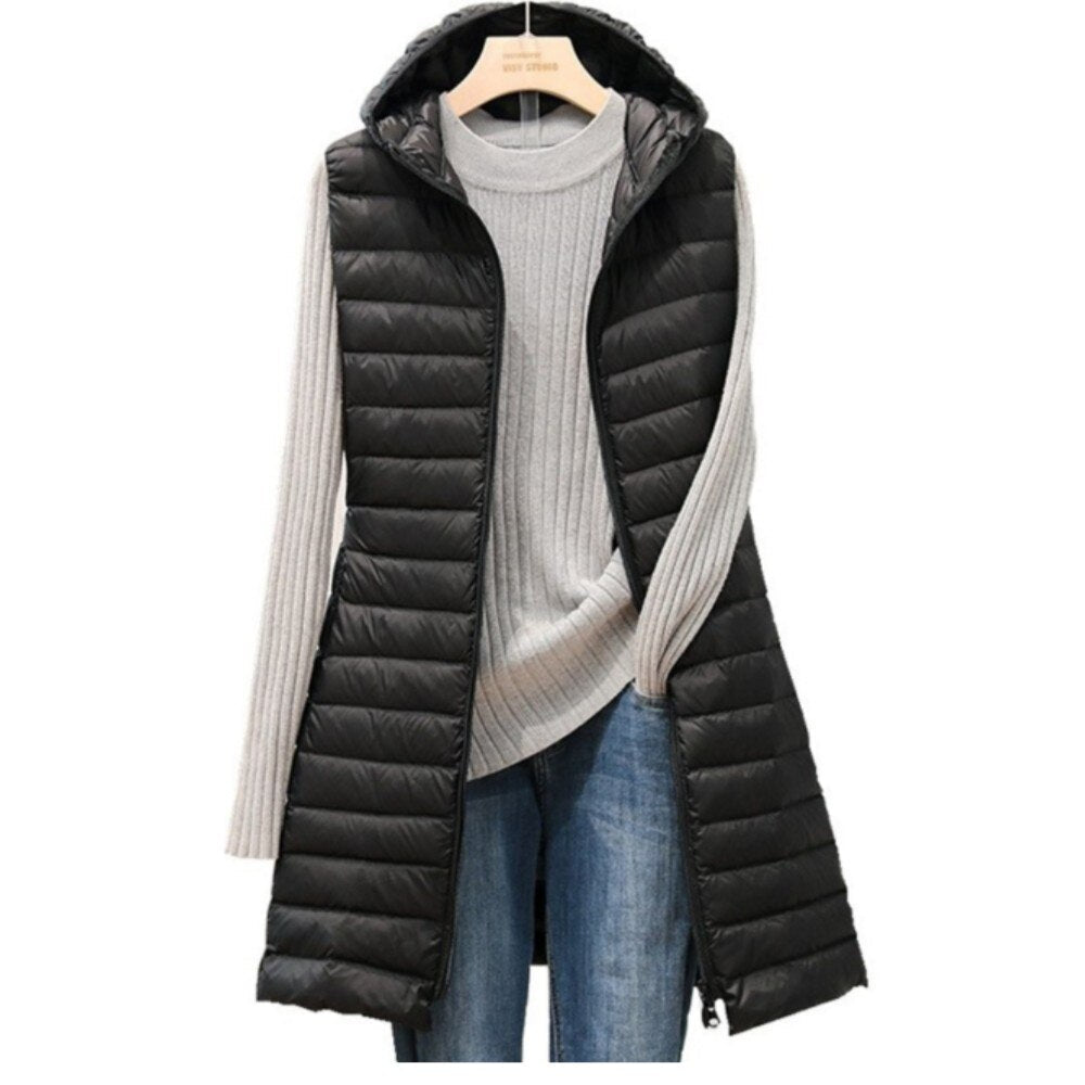 Beaumont Bodywarmer | Chic long gilet with hood for women