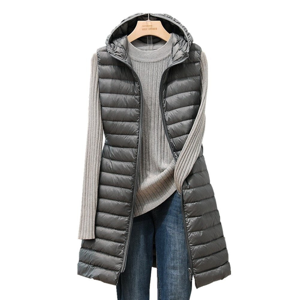 Beaumont Bodywarmer | Chic long gilet with hood for women