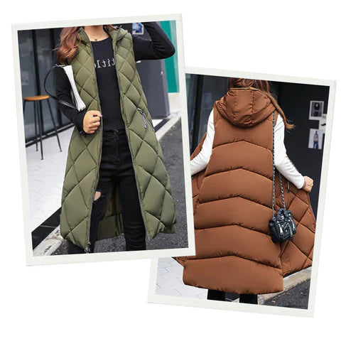Loavies bodywarmer | Long puffer style bodywarmer with hood for women