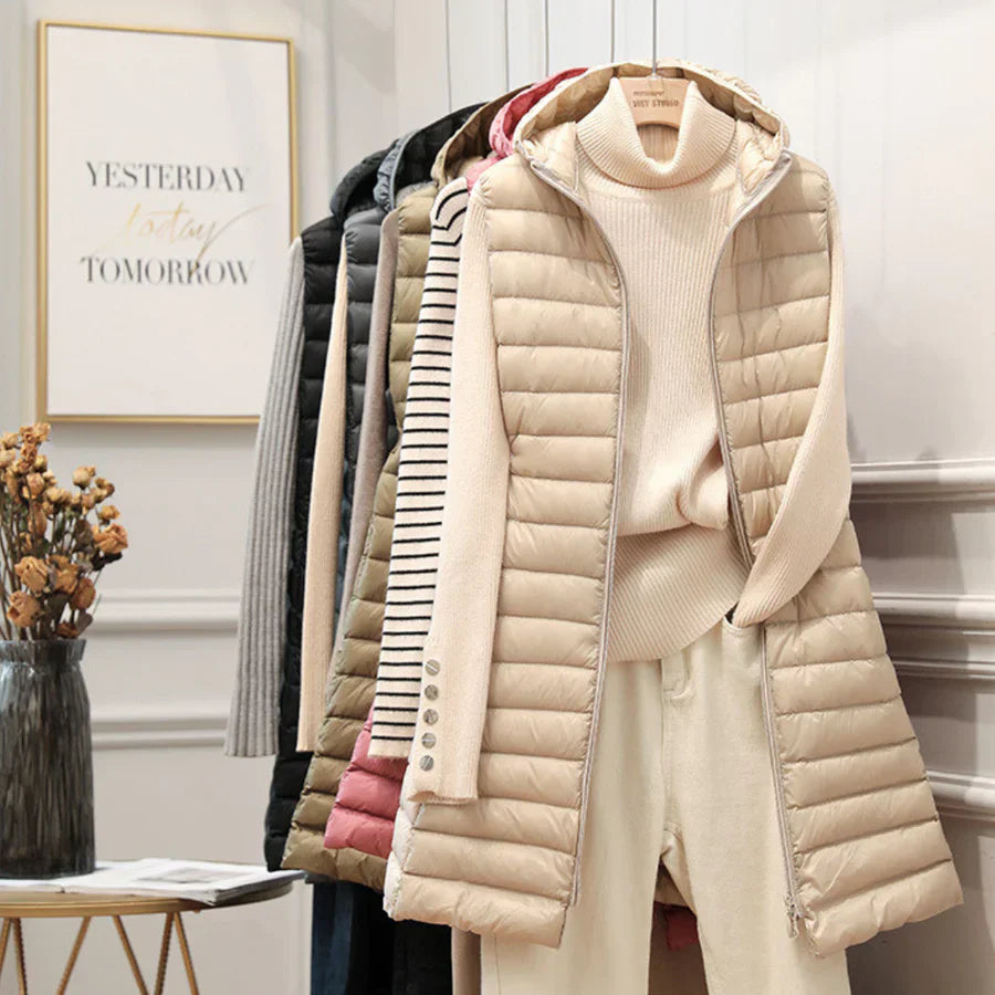 Fiona Long Bodywarmer | Comfortable warm mid-length jacket with hood